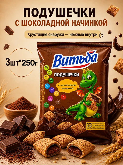 Подушечки Готовый сухой завтрак с начинкой 3шт*250г